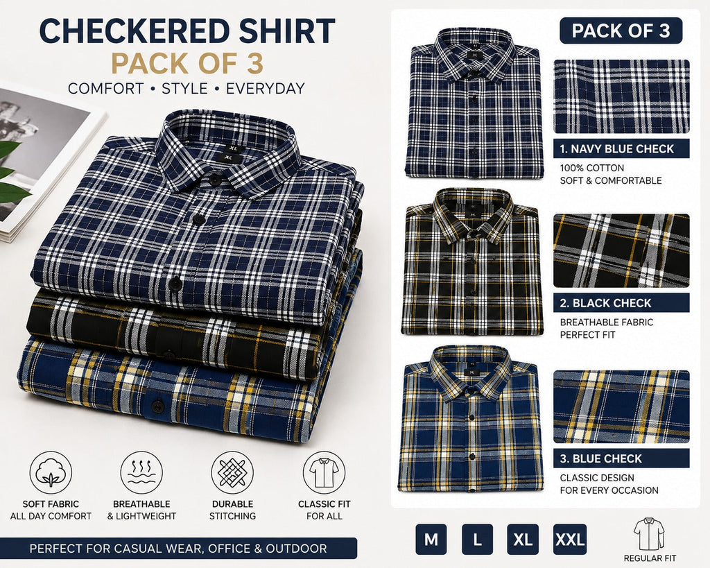Muticoloured Cotton Checkered Shirts (Pack of 3)