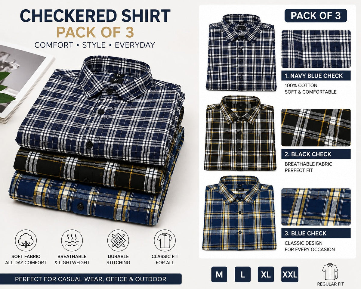Muticoloured Cotton Checkered Shirts (Pack of 3)