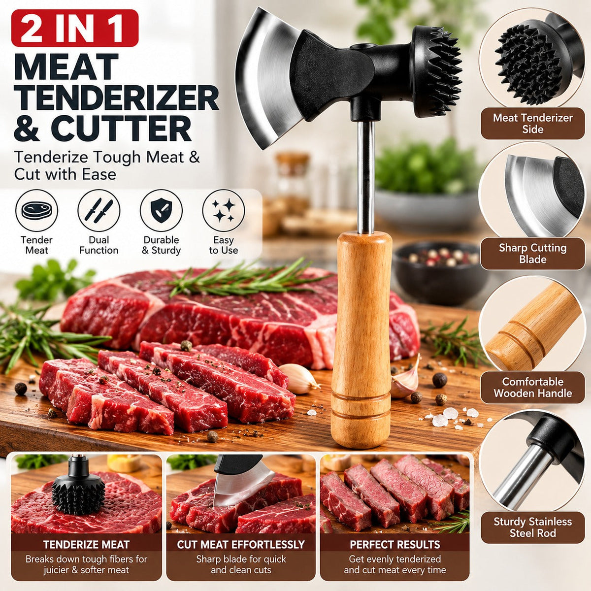 Axe-Shaped Meat Tenderizer, Stainless Steel Meat Hammer with Cutter Edge