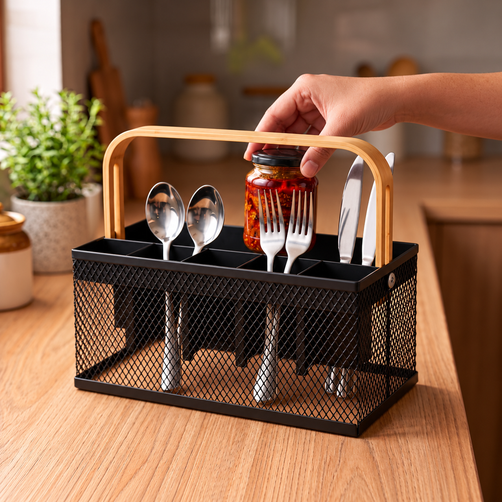 Metal Cutlery Stand for Dining Table | Premium Spoon Holder - Black