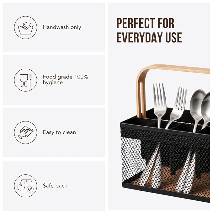 Metal Cutlery Stand for Dining Table | Premium Spoon Holder - Black