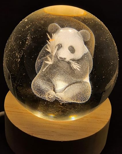 3D Crystal Ball Night Light with Wooden LED Base - Cute Panda