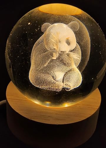 3D Crystal Ball Night Light with Wooden LED Base - Cute Panda