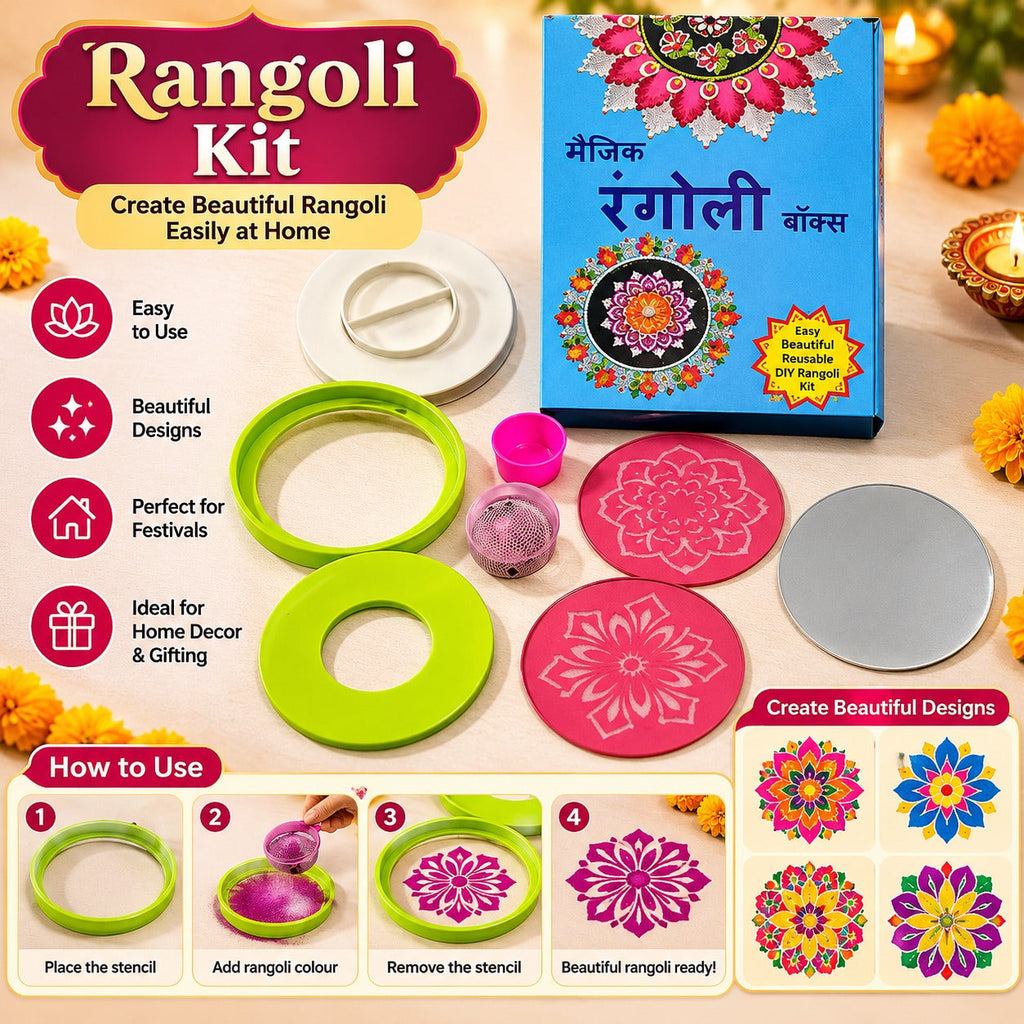 Magic Rangoli Making Kit Box with Tool, 4-Inch Printed & Plain Jali Stencils